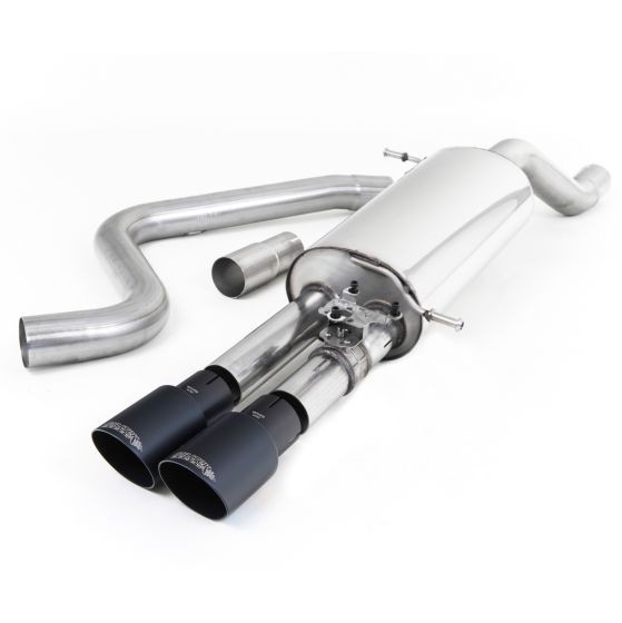 Milltek Resonated 2.76" GPF Back Exhaust System featuring a polished stainless steel body, valved design, and two 90mm round GT Cerakote black tailpipes.