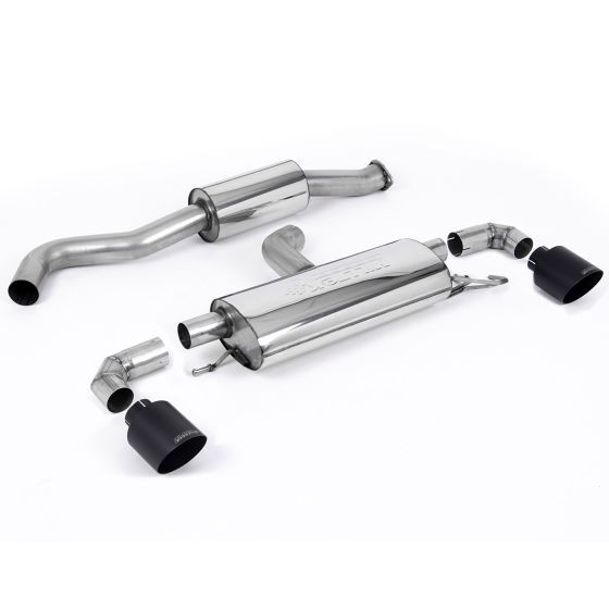 Milltek Resonated 3" GPF Back Exhaust System featuring stainless steel components, two 115mm round GT Cerakote black tailpipes, and EC approval for performance enhancement.