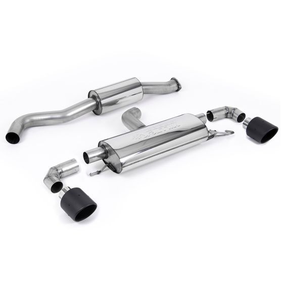 Milltek Resonated 3" GPF Back Exhaust System featuring stainless steel components and two 115mm round jet carbon fibre tailpipes, EC-approved for performance enhancement.