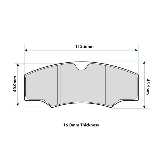 Mintex M1155 brake pads in a rectangular shape, featuring a grey material with dimensions of 113.6mm length, 40mm height, and 16mm thickness, designed for AP Racing CP2361 calipers.