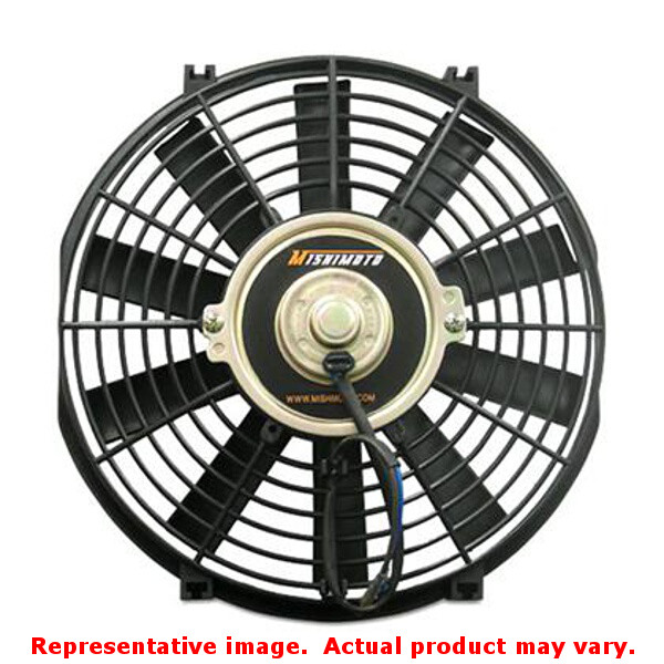 Black 16-inch slim electric fan with a metal center hub, featuring a circular design and multiple blades, designed for 12V applications, branded with the Mishimoto logo.