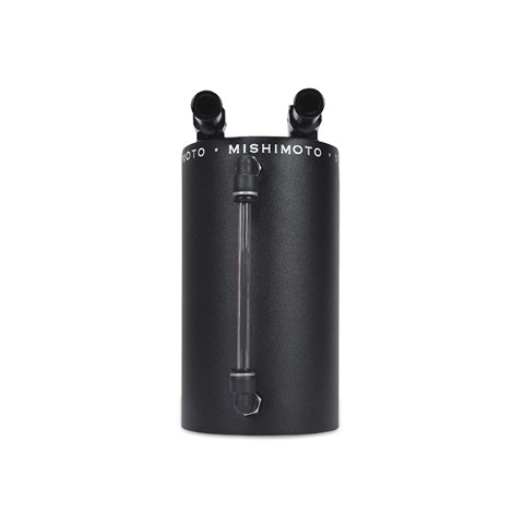 Large aluminum oil catch can in wrinkle black finish, featuring two inlet/outlet ports and a clear sight tube for monitoring fluid levels, branded with "Mishimoto" on the top.