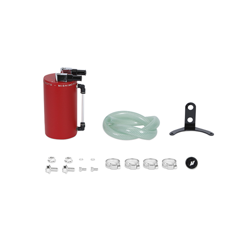 Large aluminum oil catch can in wrinkle red with a black top, includes a green hose, mounting bracket, and various clamps for installation.