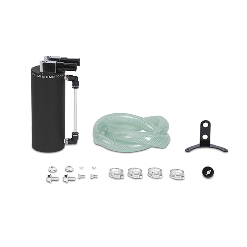 Small aluminum oil catch can in wrinkle black finish, featuring a top inlet, clear hose, mounting bracket, and several clamps for installation.