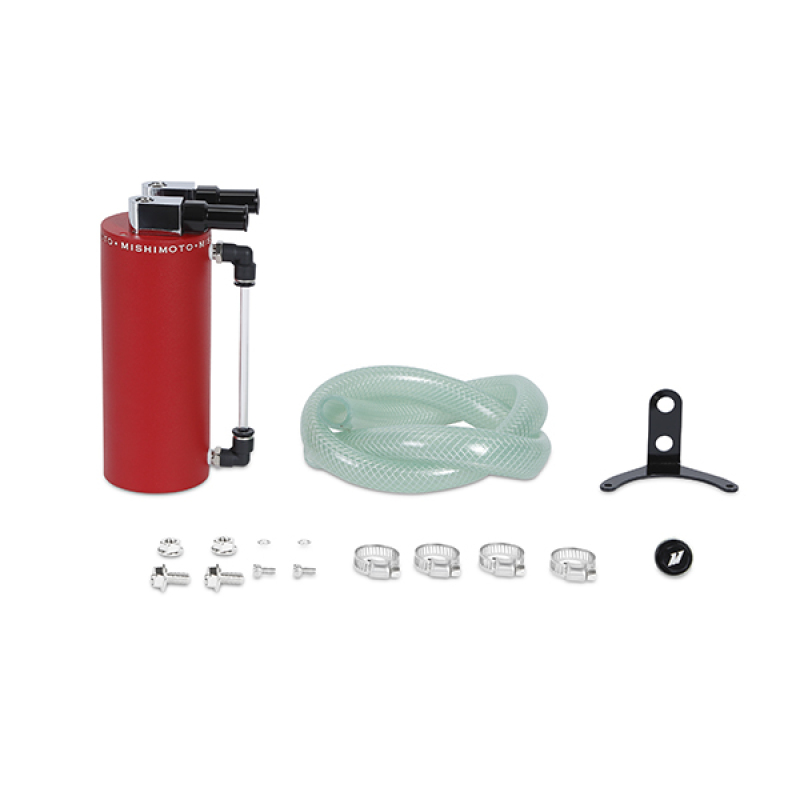 Small wrinkle red aluminum oil catch can by Mishimoto, featuring a clear hose, mounting bracket, and several clamps for installation.
