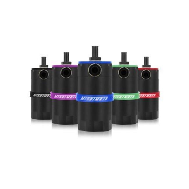 Baffled oil catch can by Mishimoto in five colors (black, purple, green, blue, red), featuring a cylindrical design with a top inlet and a visible brand logo on colored bands.