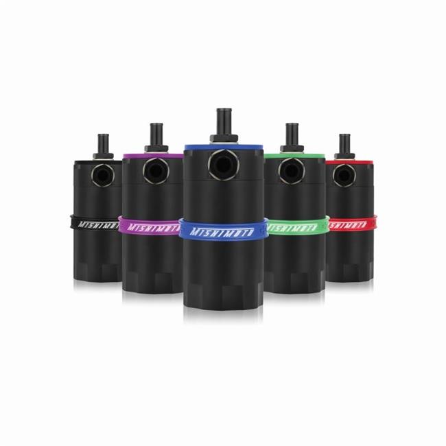 Mishimoto baffled oil catch can in red, featuring a sleek black body, a top inlet, and a colored silicone band, designed to prevent oil blow-by in engines.