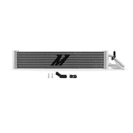 Silver aluminum transmission oil cooler with black Mishimoto logo, featuring multiple fins, mounting hardware, and an inlet/outlet fitting for 2019-2021 BMW 2-Series.