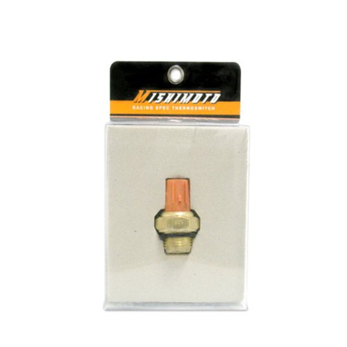 Mishimoto racing fan switch for Honda Civic, Accord, and S2000, featuring a brass body with an orange plastic top, packaged in a clear plastic case with a hanging tab.