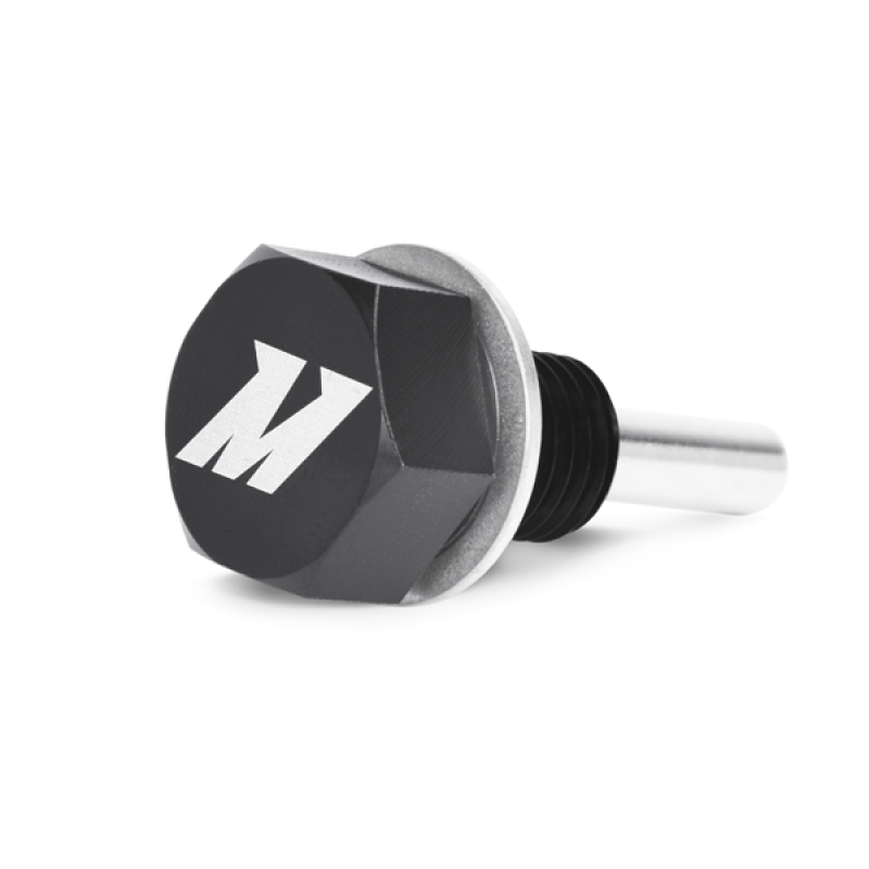 Mishimoto Magnetic Oil Drain Plug in black with a hexagonal head, featuring a silver M logo, made of durable metal with a threaded shaft for secure installation.