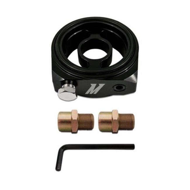 Black aluminum oil filter sandwich plate adapter featuring three 1/8 NPT ports, two brass fittings, and an Allen wrench for installation.