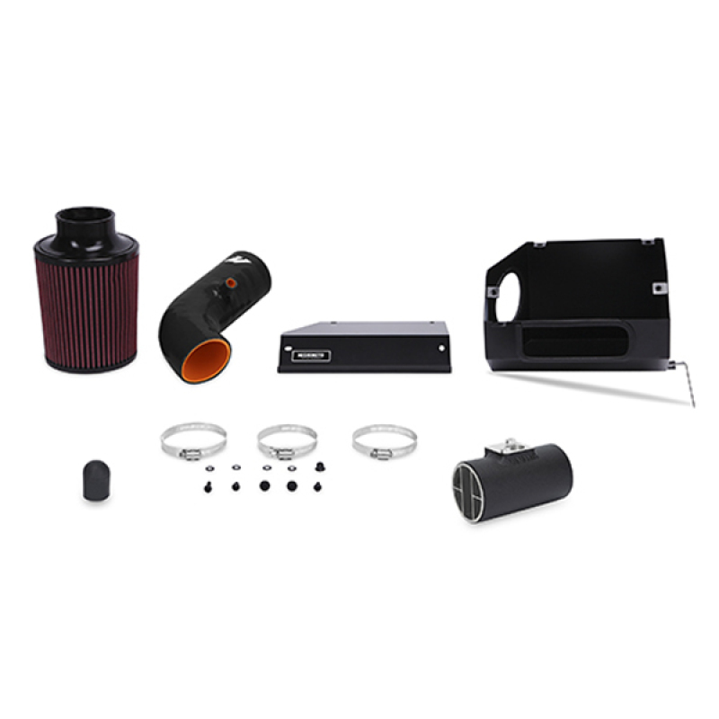 Performance air intake kit featuring a red filter, black plastic and rubber components, metal clamps, and a sleek design, designed for 2013 Subaru BRZ and Scion FR-S by Mishimoto.