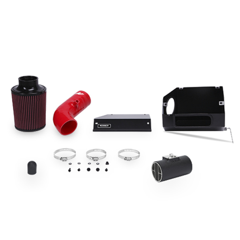 MMAI-BRZ-13BRD Performance Air Intake Kit featuring a red intake tube, black airbox, and red air filter, designed for 2013+ Subaru BRZ and Scion FR-S, includes mounting hardware.