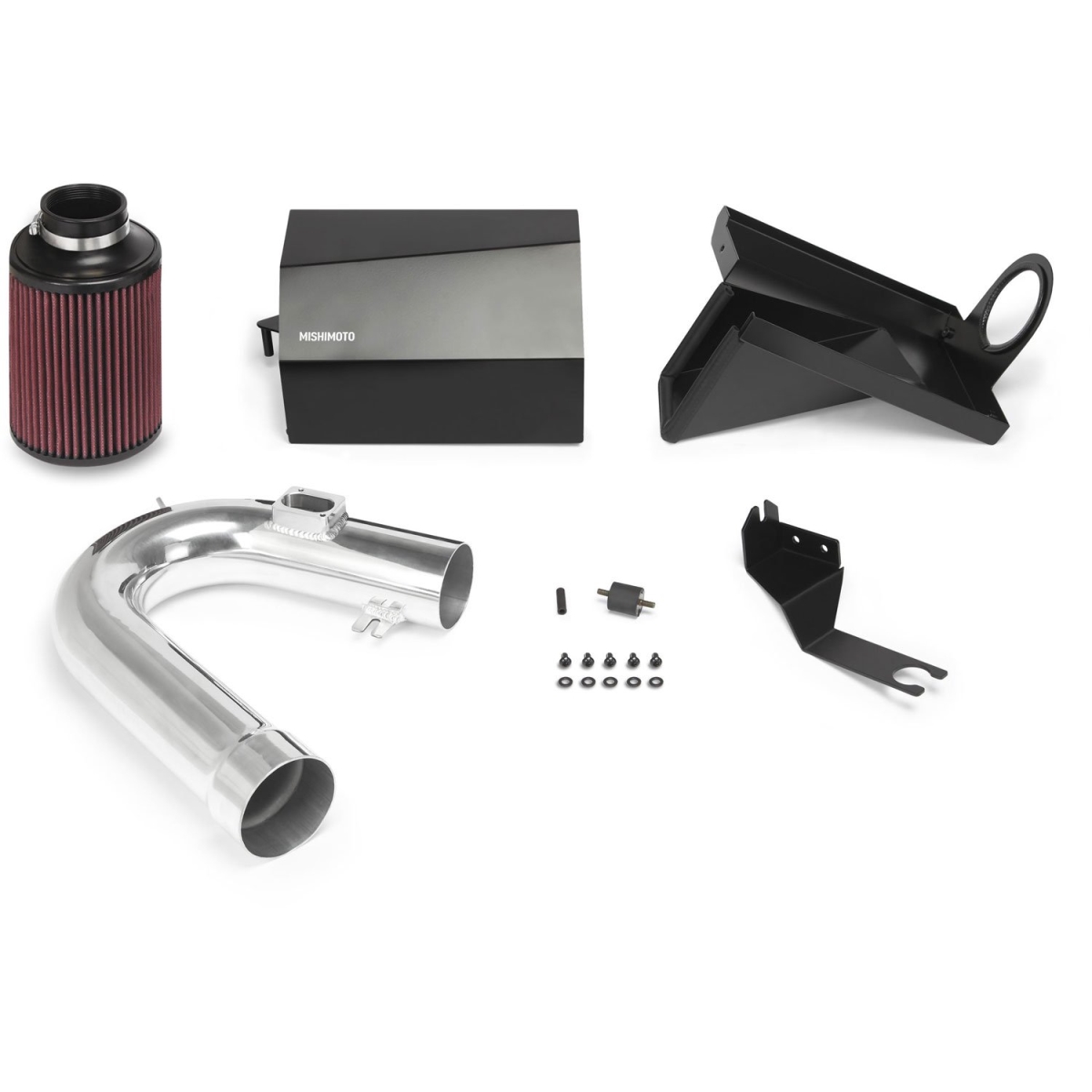 Polished aluminum air intake pipe, red air filter, black plastic heat shield, and mounting hardware for Mishimoto's MMAI-F30-12P kit designed for select BMW models.