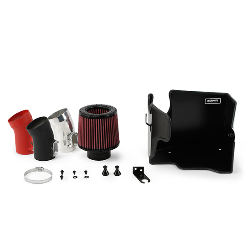 Black performance air intake kit for Mini Cooper S (2014-2018) featuring a red filter, silver and black couplers, mounting hardware, and a sturdy intake box.