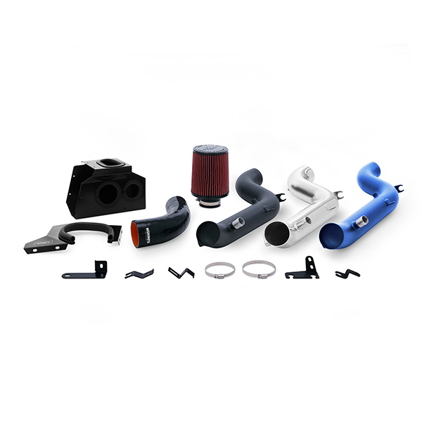 Mishimoto Performance Air Intake kit featuring a wrinkle blue intake pipe, a red air filter, and various black and silver components, designed for enhanced engine performance.