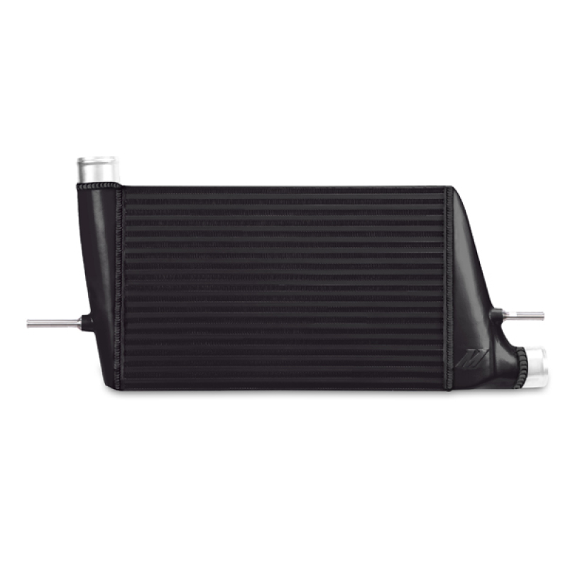 Black aluminum performance intercooler with a ribbed design, featuring polished end tanks and two inlet/outlet pipes, designed for Mitsubishi Lancer Evo X (2008-2015).