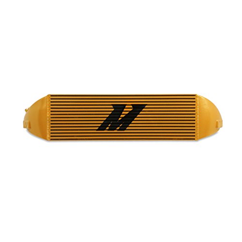 Gold intercooler assembly kit with black Mishimoto logo, featuring horizontal fins and rounded ends, designed for 2013 and newer Ford Focus ST models.