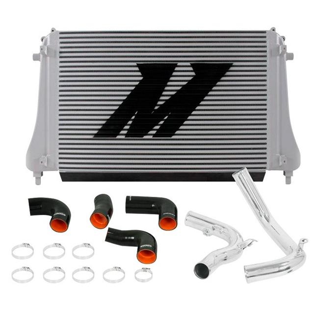 Performance intercooler kit featuring a silver and black striped core with a large "M" logo, accompanied by silicone hoses and aluminum piping for 2015-2019 Volkswagen MK7 Golf TSI-G.