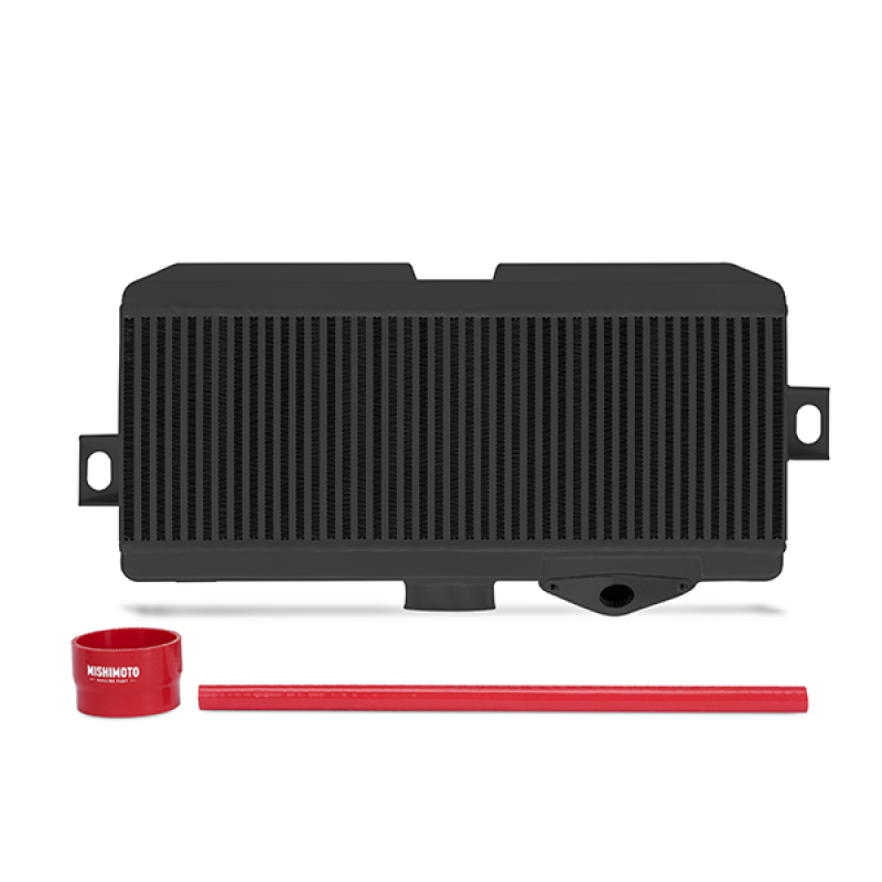 Black top-mount intercooler with a ribbed surface, featuring a red silicone hose and a red coupler, designed for Subaru STI models from 2008 to 2021.