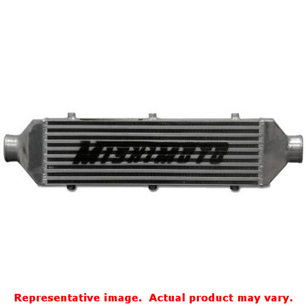 Top-mount intercooler in silver with black hose, featuring a sleek, ribbed design and "Mishimoto" branding, compatible with Subaru STI models from 2008 to 2021.