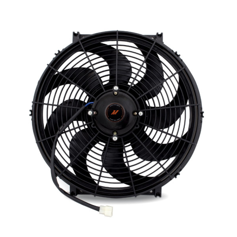 16-inch black high-flow electric fan with a sleek design, featuring a durable plastic housing, multiple blades for optimal airflow, and a connector wire for easy installation.
