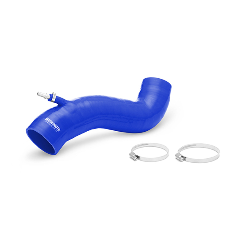 Blue silicone induction hose with a curved design, featuring a connector and two metal hose clamps, compatible with Ford Fiesta ST models from 2014 to 2018.