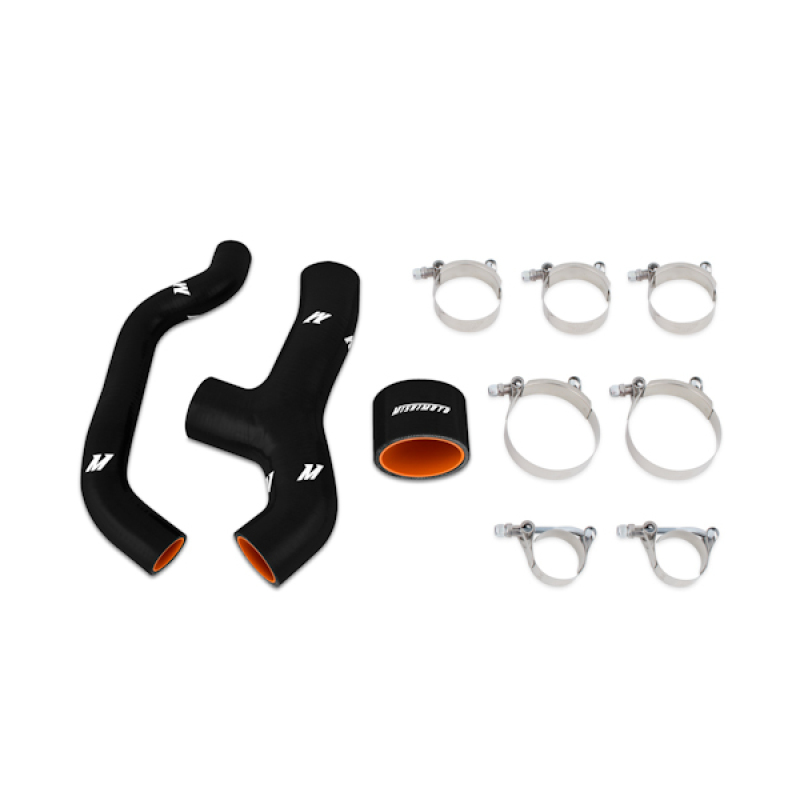 Black silicone intercooler charge air cooler hoses with orange accents, featuring two main hoses and a coupler, accompanied by stainless steel clamps, designed for Subaru WRX and Forester XT models.