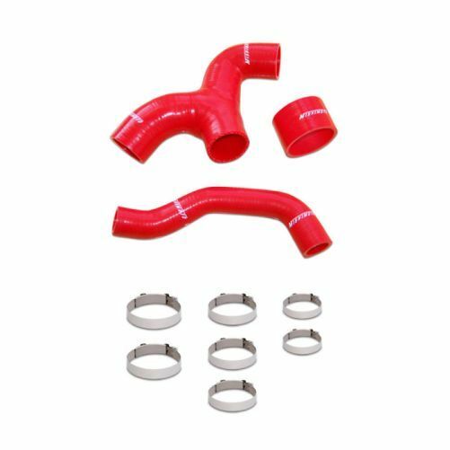 Red silicone intercooler hoses with a Y-shape design and straight connector, featuring white "Mishimoto" branding, accompanied by metal hose clamps for Subaru Impreza WRX 2001-2005.