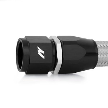 6ft stainless steel braided hose with -10AN fittings, featuring a sleek silver braid and a black anodized aluminum fitting with a white Mishimoto logo.