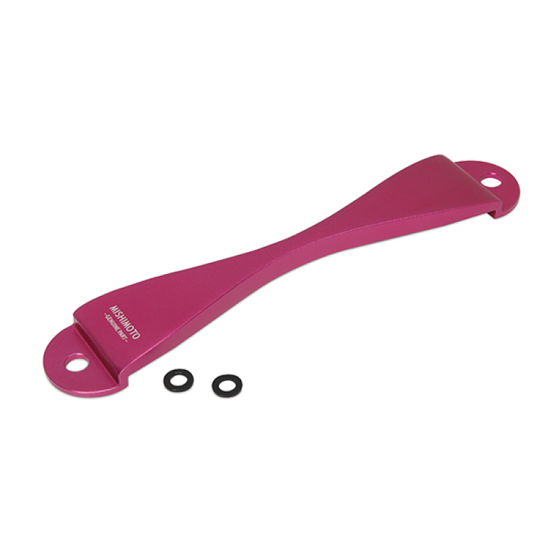 CNC battery tie down in vibrant pink aluminum, featuring a sleek design with rounded ends and two black rubber washers included for installation, compatible with Subaru models.
