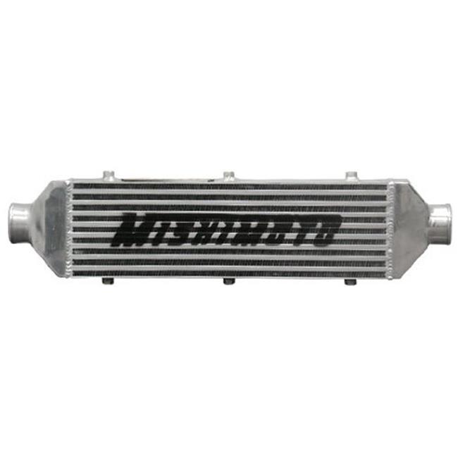 Mishimoto MMINT-UZ Universal Intercooler Z-Line features a sleek aluminum construction with a black and silver striped design, showcasing the "Mishimoto" logo prominently on the front.