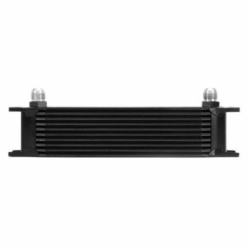 Black aluminum oil cooler with ten rows of cooling fins and threaded fittings on each end for easy installation, designed for efficient oil temperature regulation.