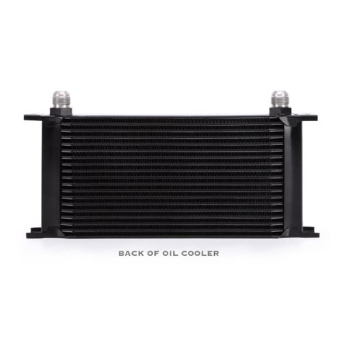 Black 19-row universal single pass oil cooler by Mishimoto, featuring a sleek aluminum design with multiple fins for efficient cooling and two threaded inlet/outlet fittings.