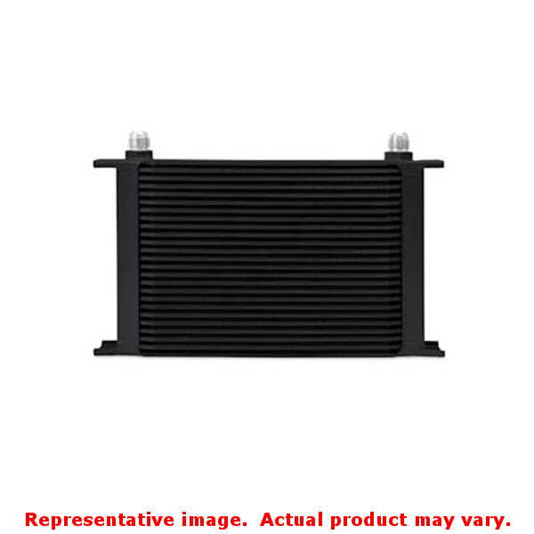 Black aluminum oil cooler with a ribbed design and two inlet/outlet fittings on the top, featuring a sleek and compact structure for efficient cooling performance.