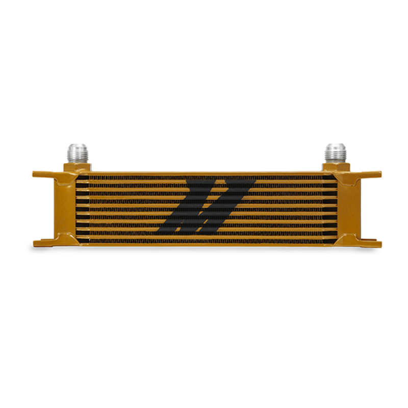 Gold anodized aluminum oil cooler heat exchanger with ten rows, featuring a sleek design and black Mishimoto logo, designed for efficient heat dissipation.