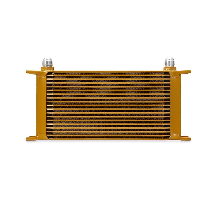 Gold 19-row oil cooler heat exchanger with a sleek design, featuring aluminum construction and multiple horizontal fins for efficient heat dissipation, branded with the Mishimoto logo.