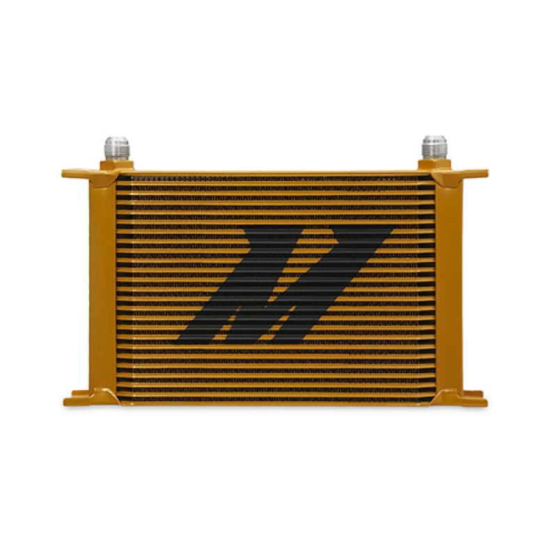 Gold oil cooler heat exchanger with a black striped core, featuring the Mishimoto logo prominently displayed, designed for universal fitment with two threaded inlet/outlet fittings.