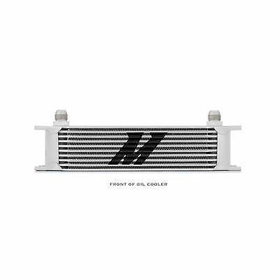 Mishimoto Universal 10 Row Oil Cooler features a sleek silver aluminum design with black accents, showcasing multiple rows for efficient cooling and two threaded fittings on each end.
