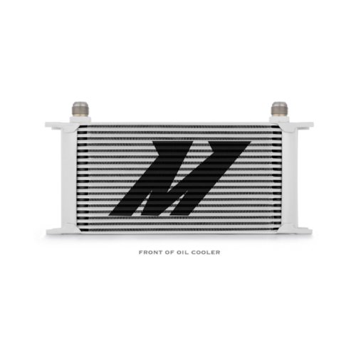 Universal 19-row oil cooler featuring a sleek silver and black design with a prominent "M" logo, made from durable aluminum with threaded fittings on both ends.