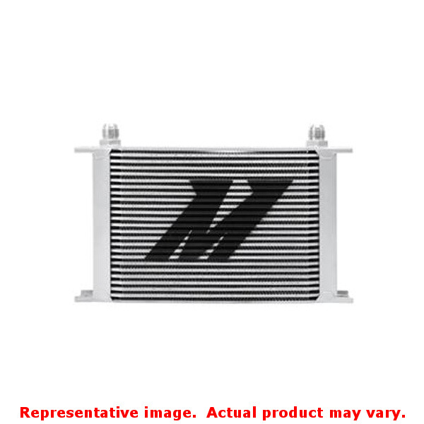 Universal 25-row oil cooler featuring a sleek black and silver design with a prominent Mishimoto logo, made of durable aluminum with multiple inlet and outlet fittings.