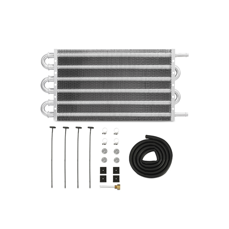 Universal Transmission Fluid Cooler by Mishimoto, featuring a sleek aluminum design, measuring 12 x 7.5 x 0.75 inches, with multiple inlet/outlet ports and included installation hardware.