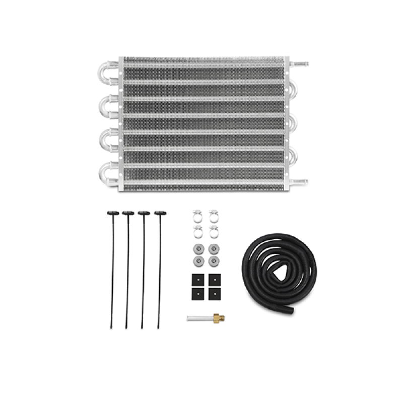 Mishimoto universal transmission fluid cooler features a silver aluminum core with multiple rows, four inlet/outlet pipes, and includes mounting hardware and hoses.
