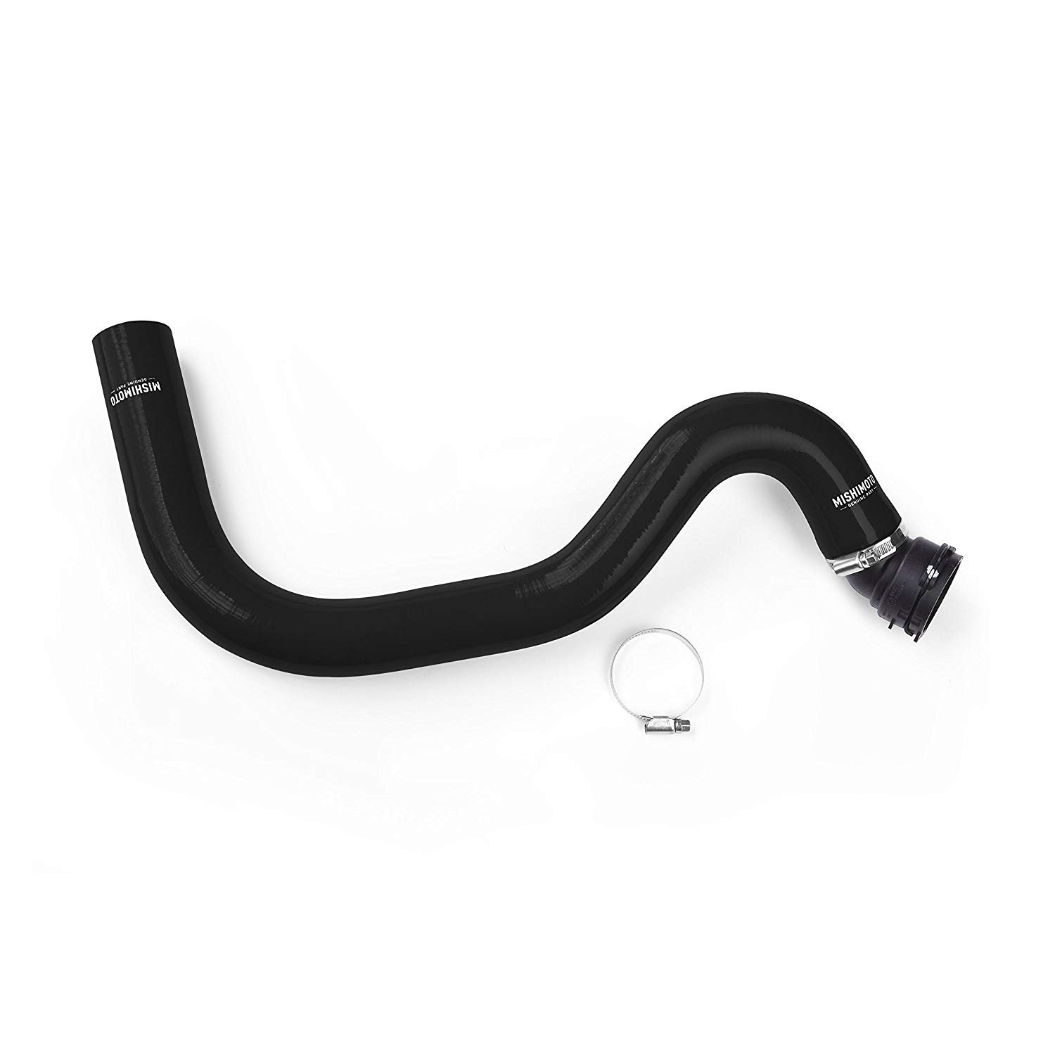 Black silicone upper radiator hose assembly with a curved design, featuring a smooth finish and a metal clamp, designed for 2015 and newer Ford Mustang GT models.