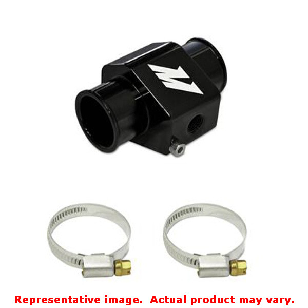 Black Mishimoto water temperature sensor adapter with a 28mm diameter, featuring a sleek design and two silver hose clamps included.