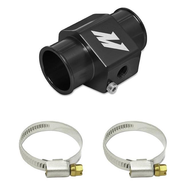 Black aluminum water temperature sensor adapter, 32mm, featuring a sleek design with a Mishimoto logo and includes two metal hose clamps for secure installation.