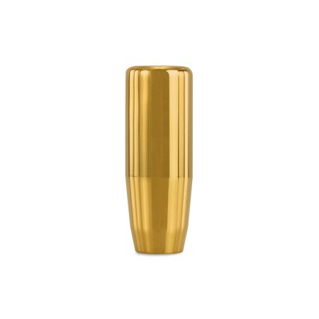 Gold weighted shift knob by Mishimoto, featuring a sleek, polished finish with a tapered design, ideal for enhancing vehicle interior aesthetics and performance.