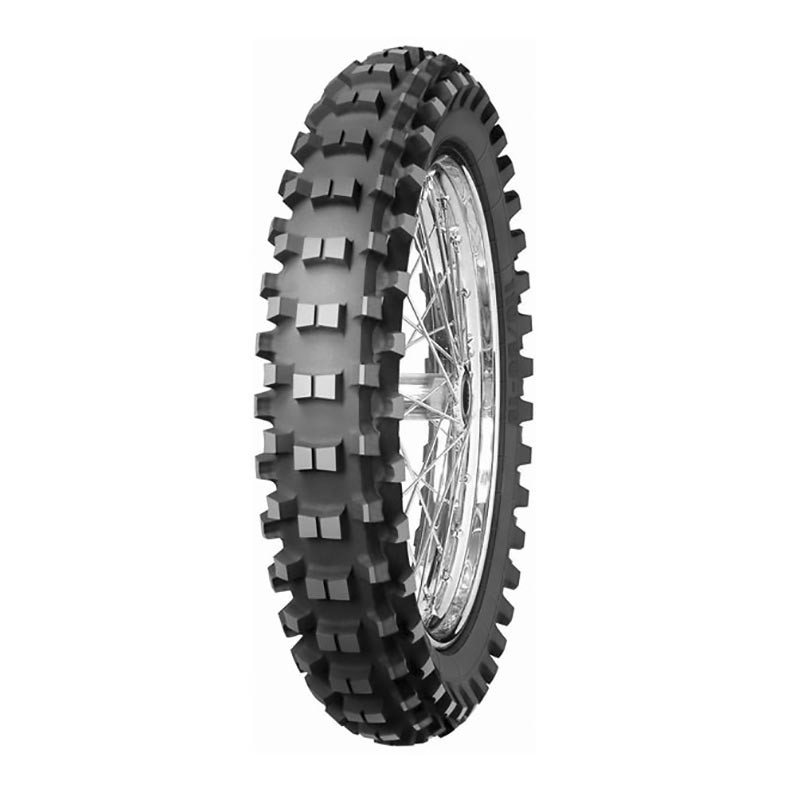 Mitas C-18 rear motorcycle tire in size 100/90-19, featuring a super light compound, rugged tread pattern, and a black rubber finish with visible metal rim.