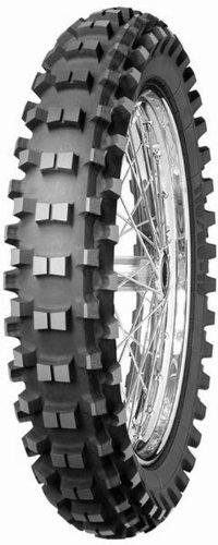 Mitas C-18 rear motorcycle tire in size 110/90-19, featuring a super light compound, with a knobby tread pattern and a silver wire spoke rim visible in the background.