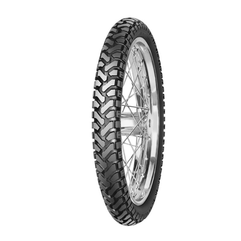 Mitas E-07 front motorcycle tire, 110/80-19 size, featuring a rugged tread pattern, black rubber material, and a metal rim, marked with M+S for mud and snow suitability.